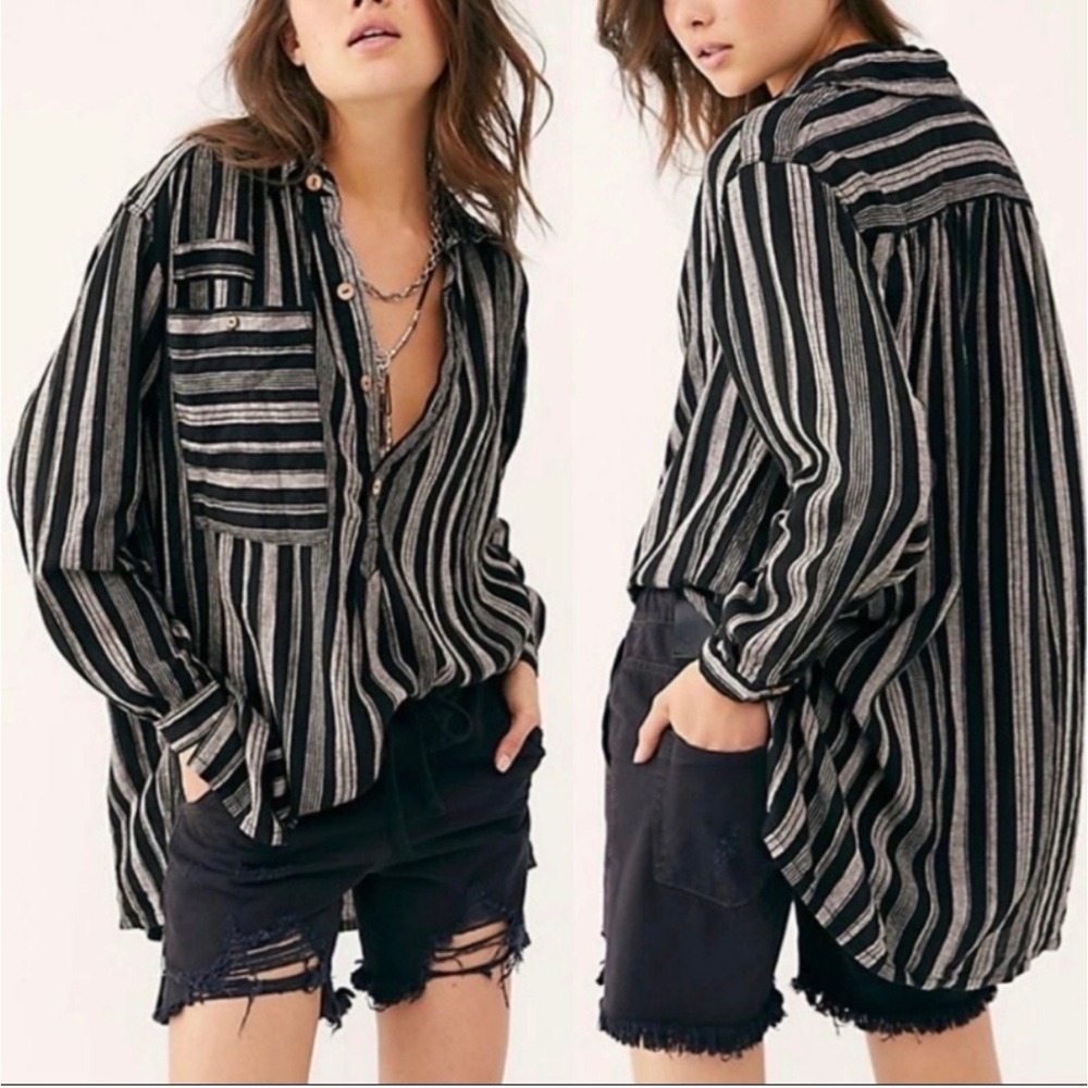 We The Free Free People Black Grey Striped Linen Tunic Shirt Small OB1103979
